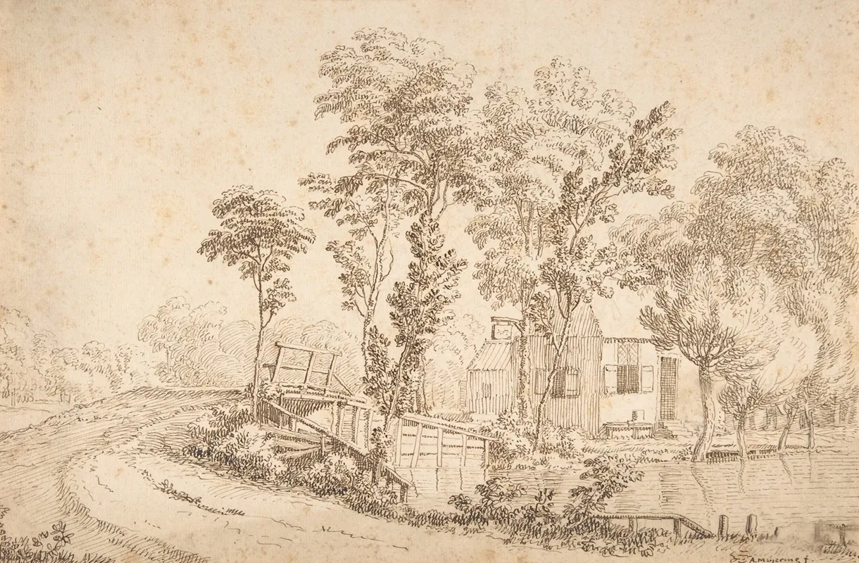 Landscape With A House Near A Bridge Over A River Wall Art by Albert Meyeringh - High-Resolution Digital Print