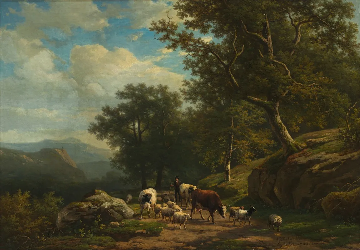 Landscape With A Peasant And His Flock Wall Art by Alexander Joseph Daiwaille - High-Resolution Digital Print