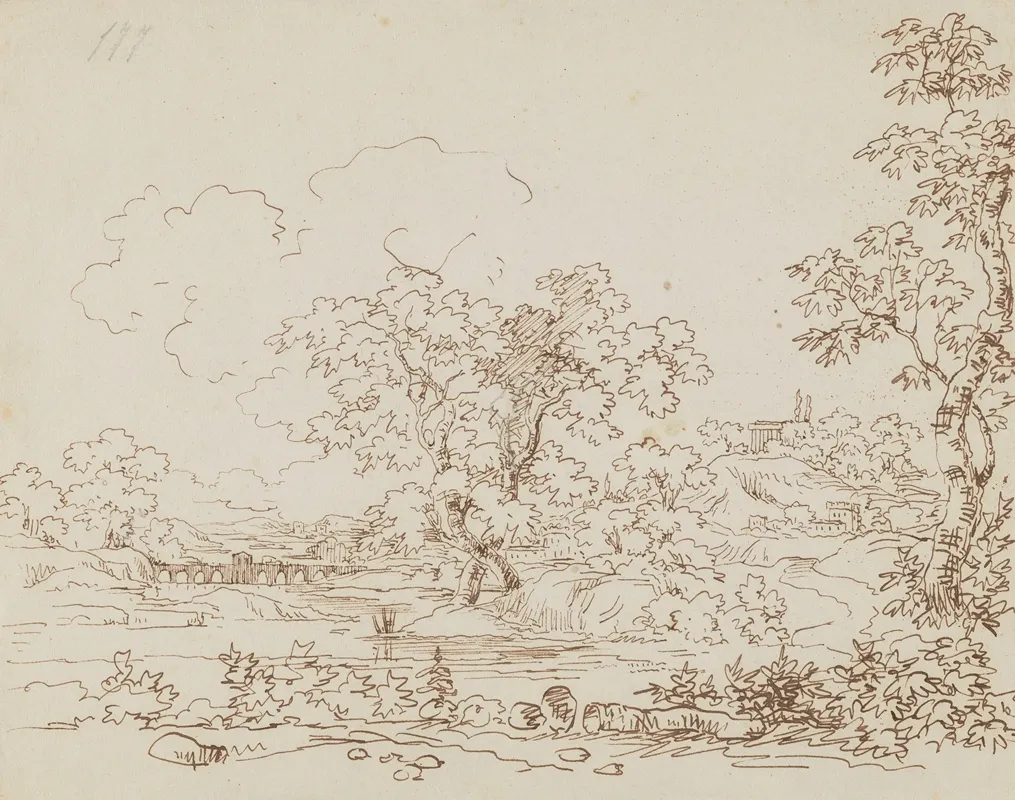 Landscape With A River Stone Bridge And A Classical Building On A Hill