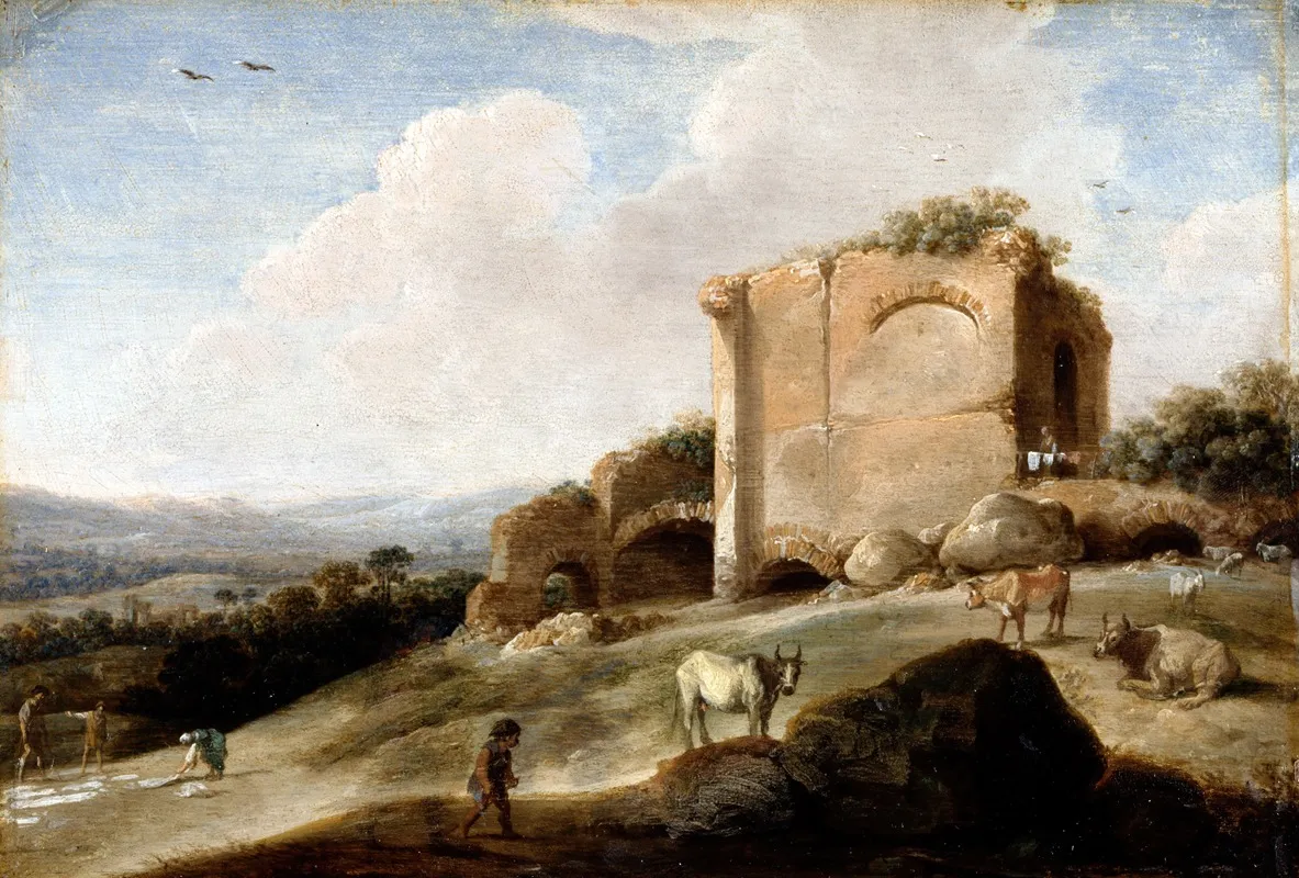 Landscape With A Roman Ruin Wall Art by Charles Cornelisz. de Hooch - High-Resolution Digital Print