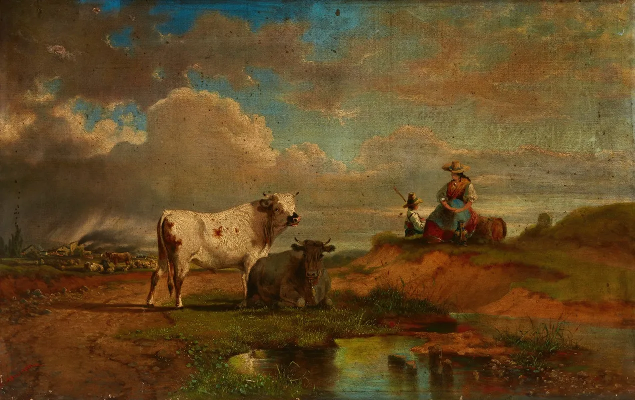 Landscape With A Shepherdess And Cattle Wall Art by Eduard Michel Ferdinand Hamman - High-Resolution Digital Print