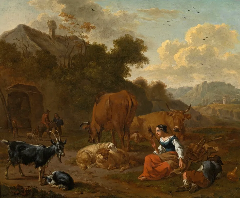 Landscape With A Spinner And Cattle Wall Art by Dirck van Bergen - High-Resolution Digital Print