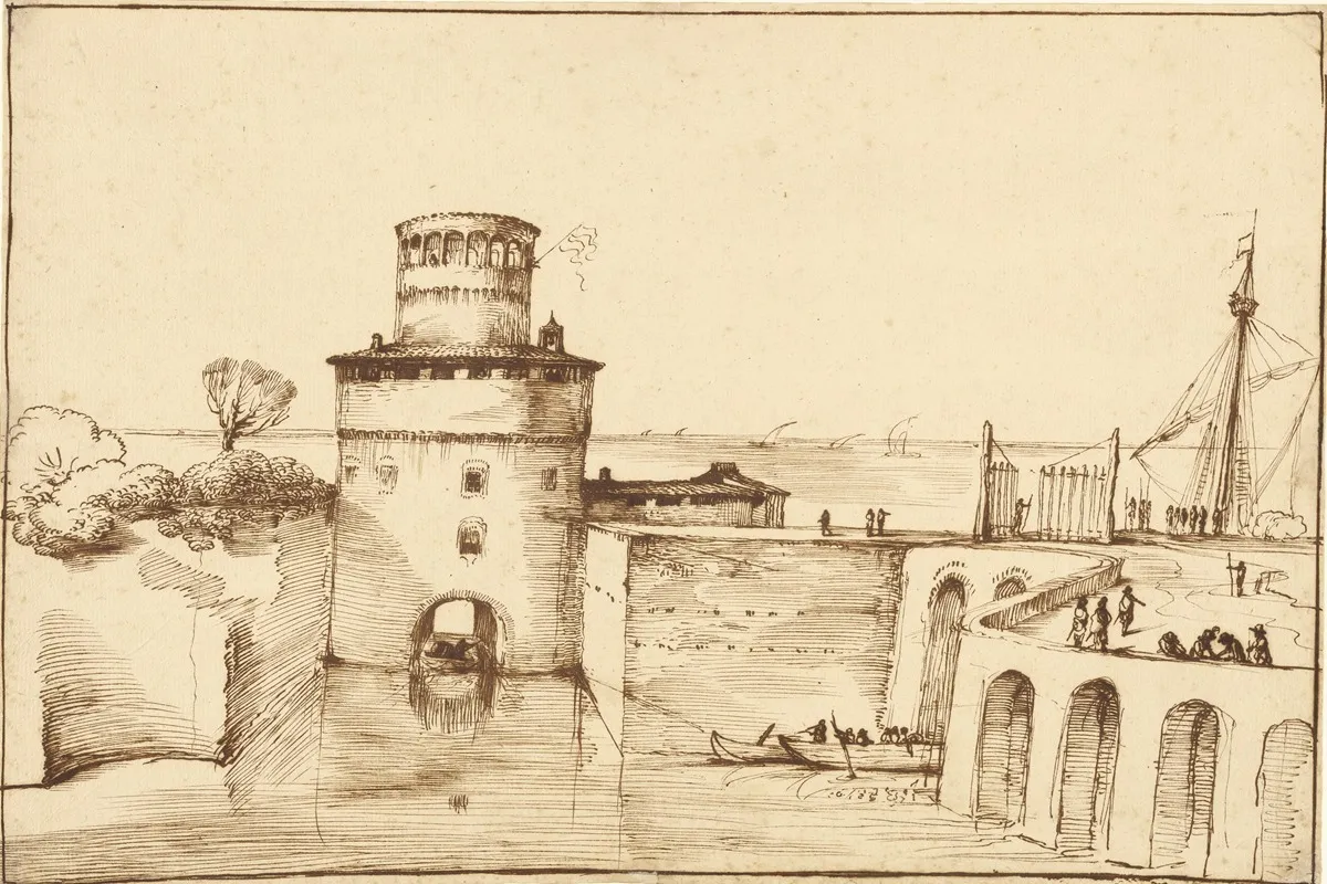 Landscape With A View Of A Fortified Port Wall Art by Guercino - High-Resolution Digital Print