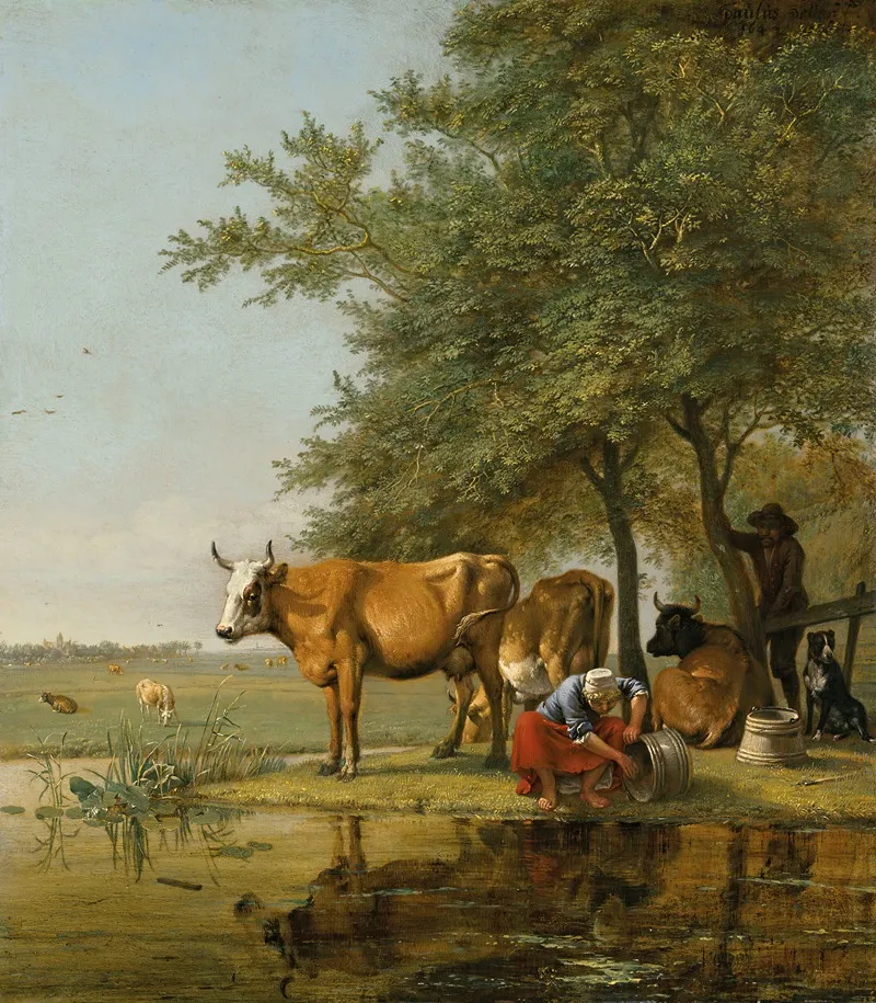 Landscape With Cattle And A Woman Cleaning A Bucket By A Stream