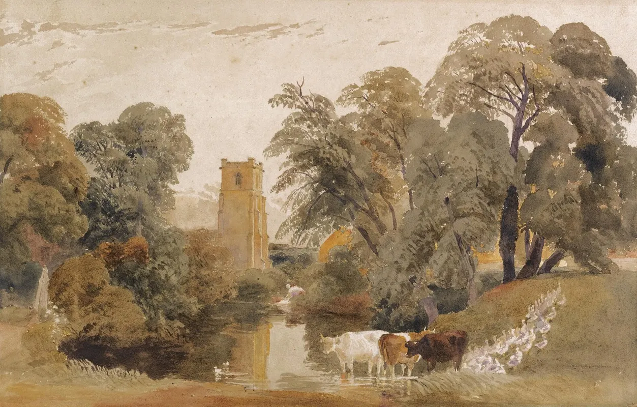 Landscape With Cattle Geese A Lady Washing Clothes Beside A River And A Church Tower Beyond