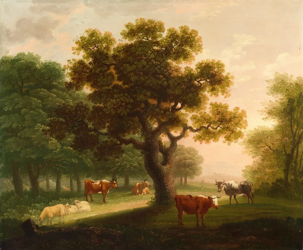 Landscape With Cattle Sheep And Distant Figure Wall Art by Herbert Pugh - High-Resolution Digital Print