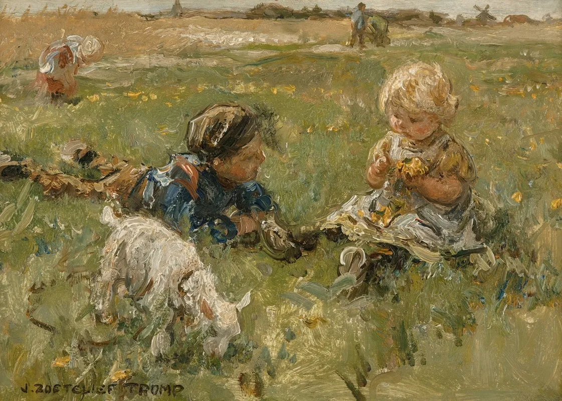 Landscape With Children Playing In A Field With A Goat Wall Art by Johann Zoetelief Tromp - High-Resolution Digital Print