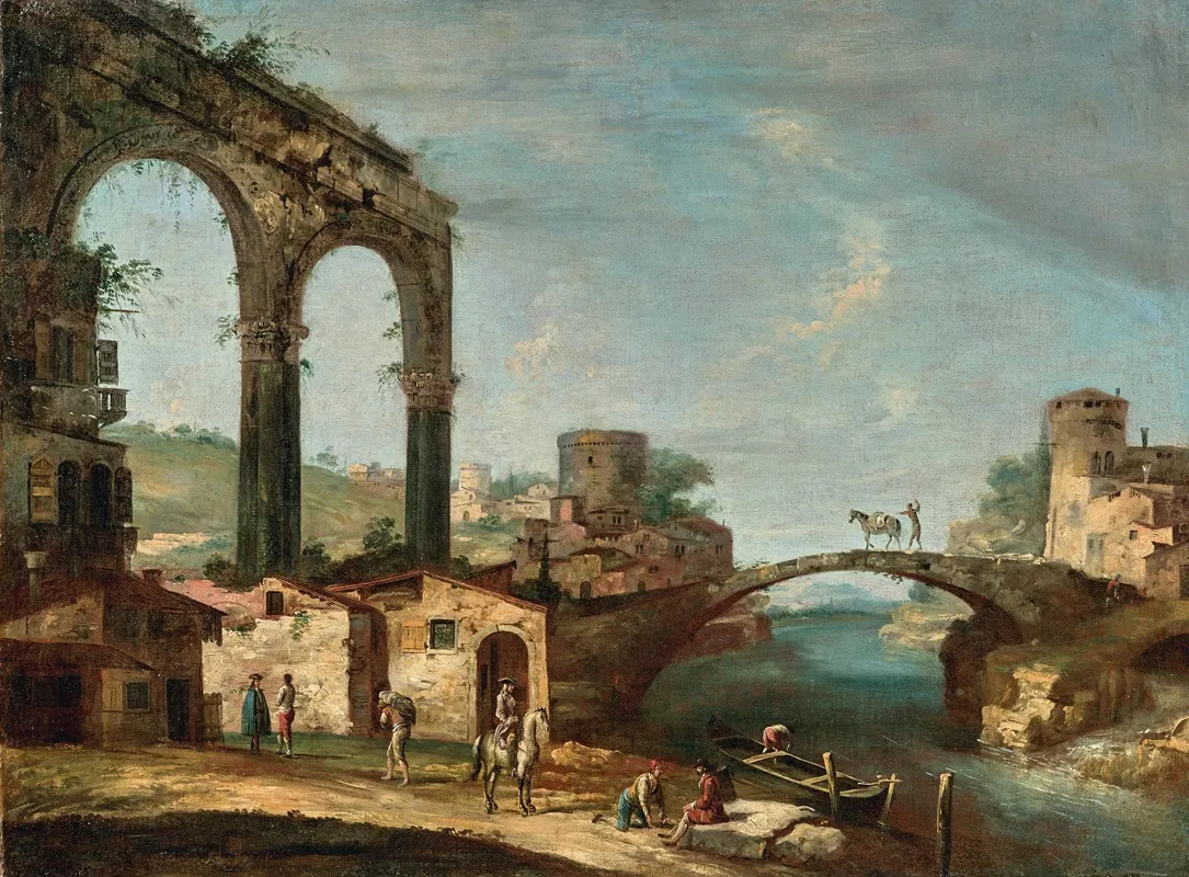 Landscape With Classical Ruins And Figures By A River A Bridge Beyond Wall Art by Francesco Albotto - High-Resolution Digital Print