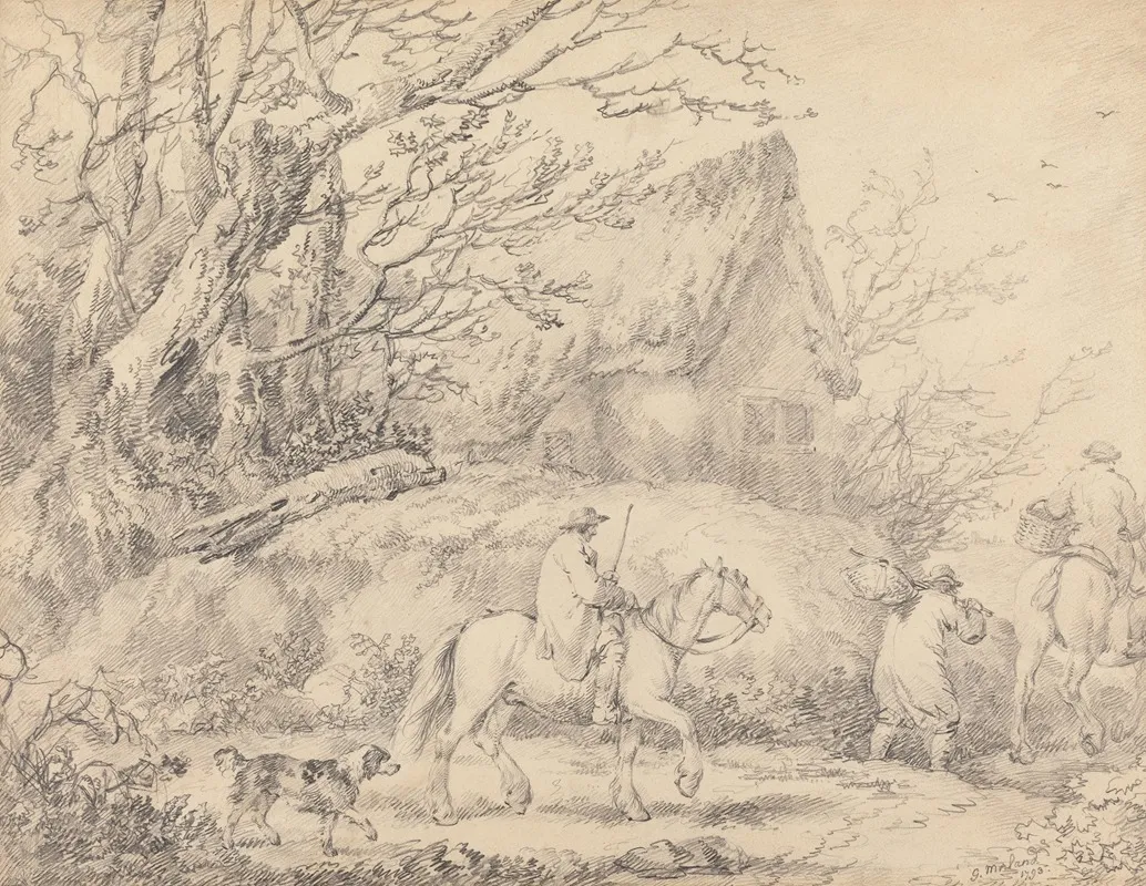 Landscape With Cottage And Figures On Horseback Wall Art by George Morland - High-Resolution Digital Print