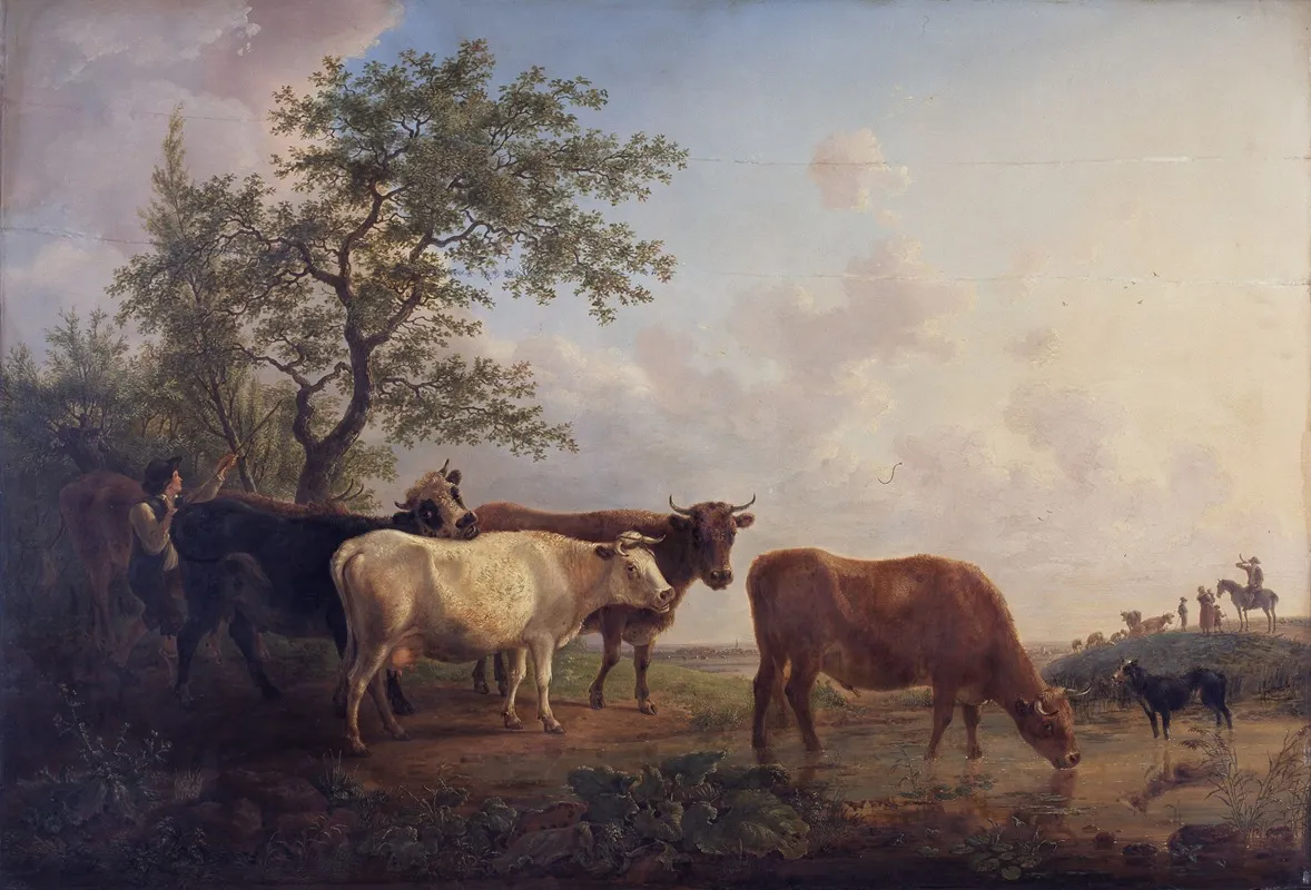 Landscape With Cows At Sunrise Wall Art by Jean Baptiste De Roy - High-Resolution Digital Print