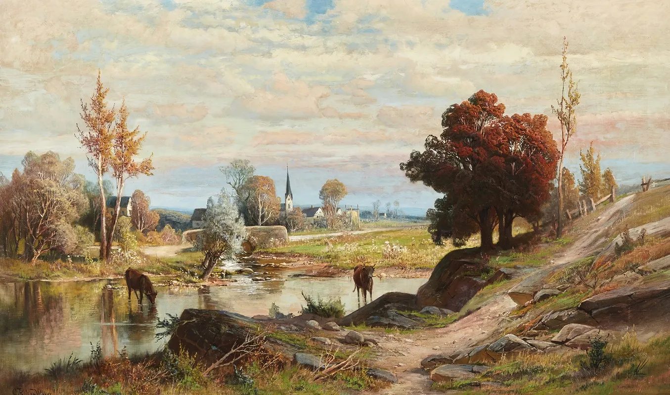 Landscape With Cows Watering And Town In Background Wall Art by Carl Philipp Weber - High-Resolution Digital Print