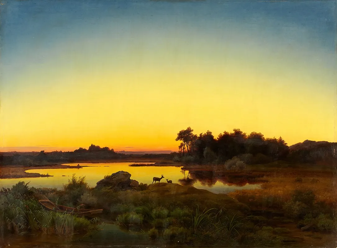 Landscape With Deer At Sunset Wall Art by ANTON ZWENGAUER - High-Resolution Digital Print