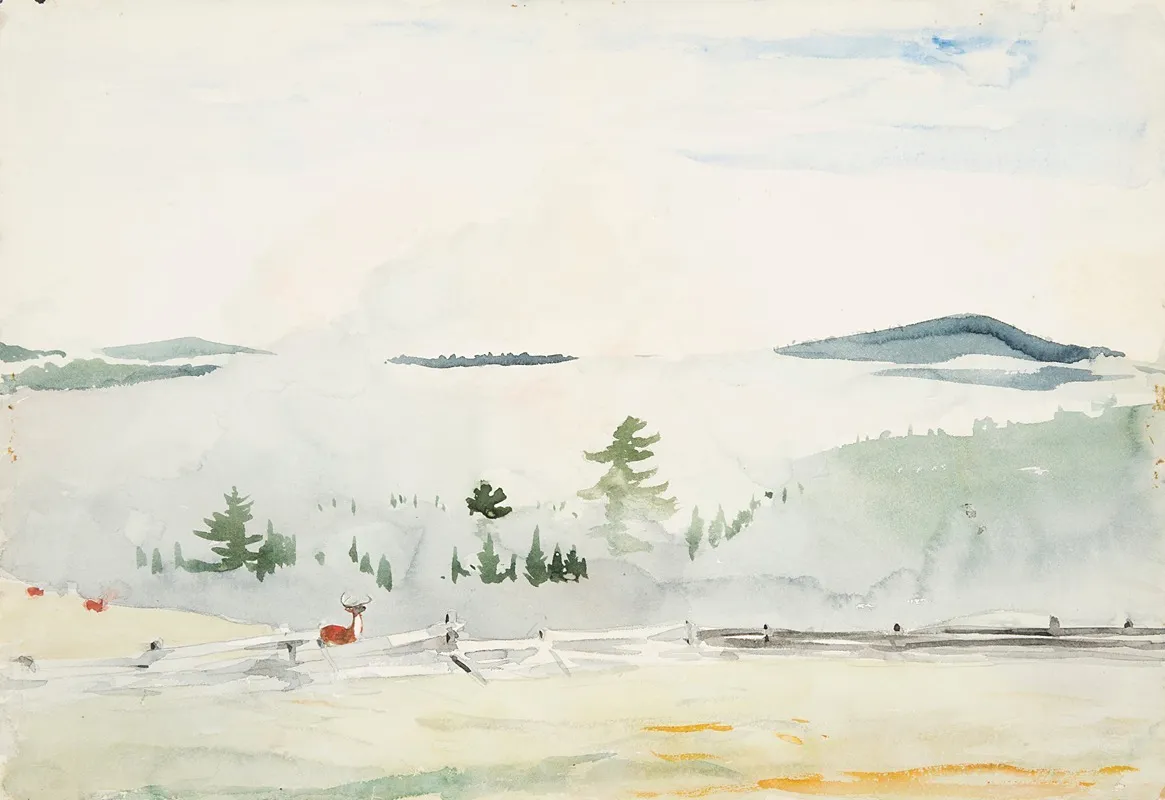 Landscape With Deer In A Morning Haze Wall Art by Winslow Homer - High-Resolution Digital Print