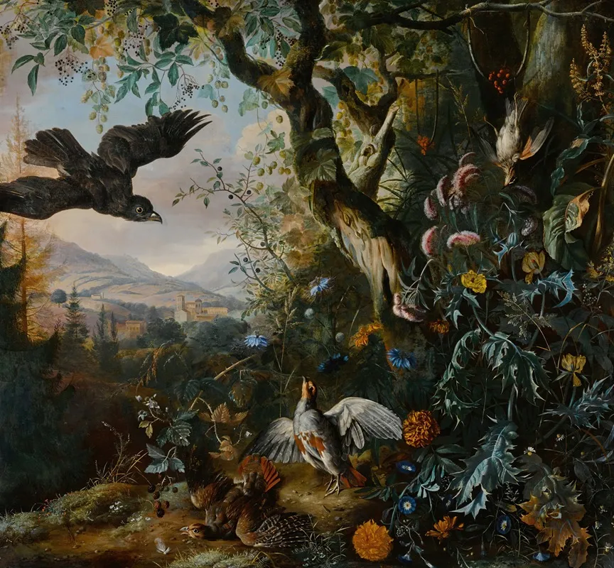Landscape With Drugged Birds In The Flower And Underbrush Of The Wood Wall Art by Matthias Withoos - High-Resolution Digital Print