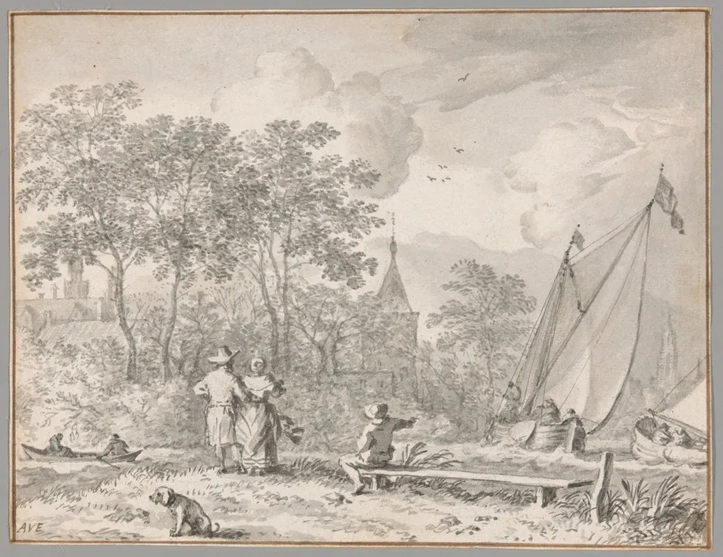 Landscape With Elegant Figures By A River With Boats To The Right And A Town Behind Trees Beyond