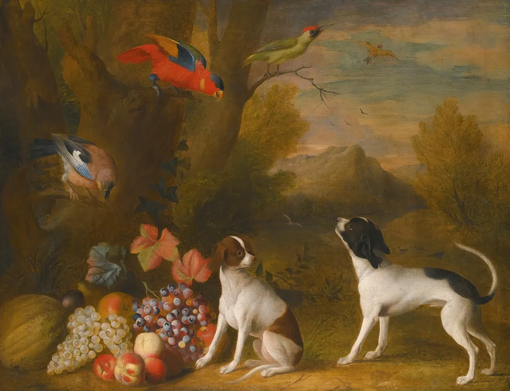Landscape With Exotic Birds And Two Dogs Wall Art by Jakob Bogdány - High-Resolution Digital Print