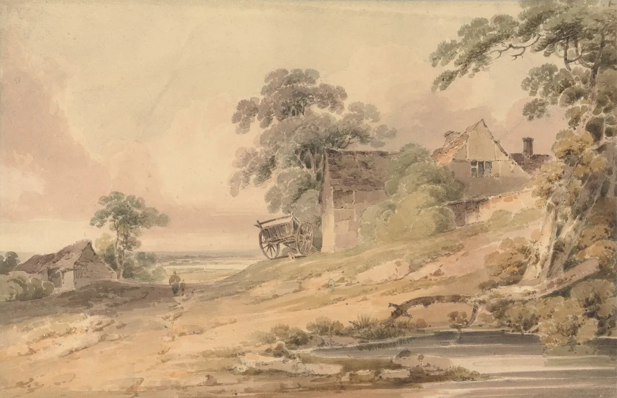 Landscape With Farmhouse Figures And Pond Wall Art by Paul Sandby Munn - High-Resolution Digital Print