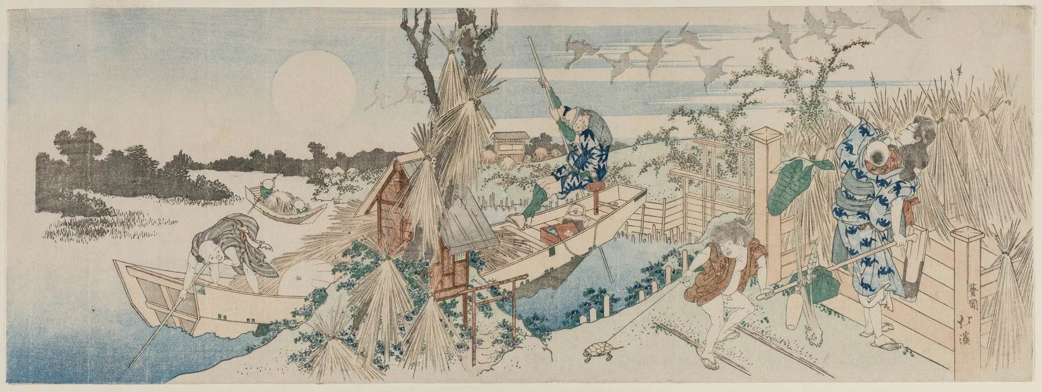 Landscape With Ferry Boat Geese And Full Moon