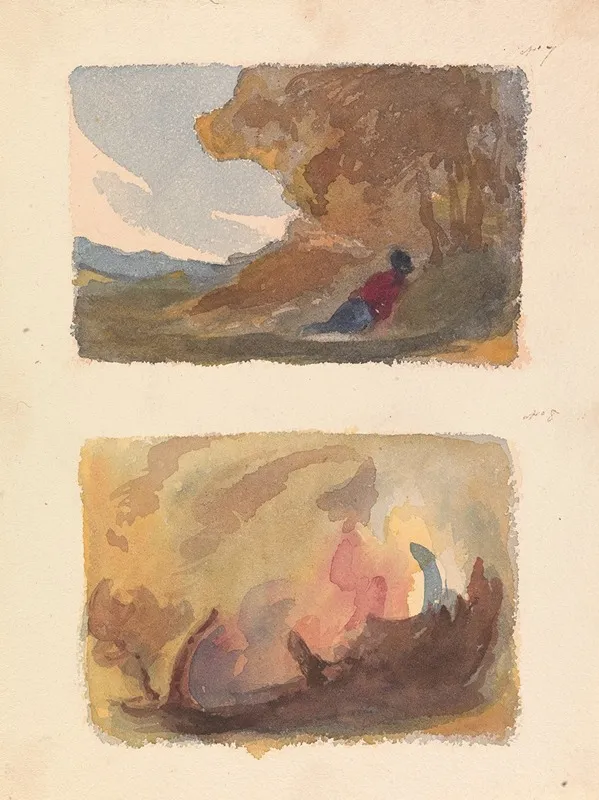 Landscape With Figure Reclining Against Hill Titian And Venetian School No 7 Landscape Variety Of Watercolor Washes