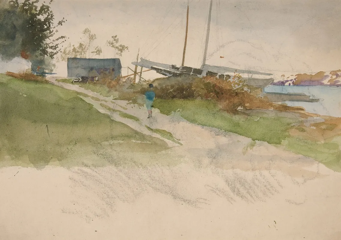 Landscape With Figure Walking Along A Path Water In Distance