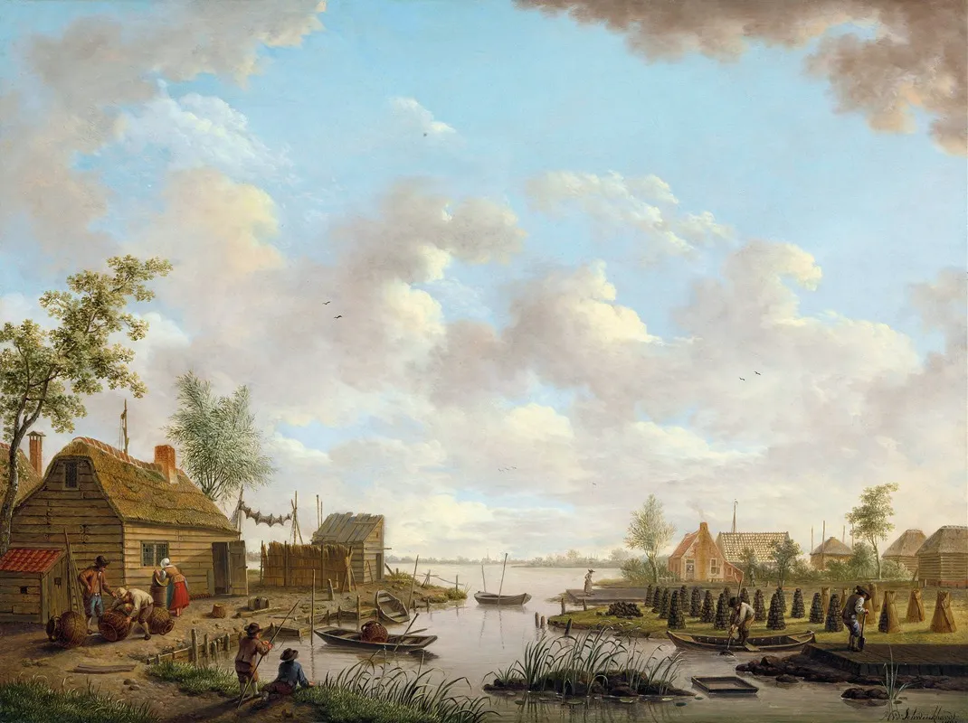 Landscape With Fishermen And Farmers Extracting Peat In A Marsh Wall Art by Hendrik Willem Schweickhardt - High-Resolution Digital Print