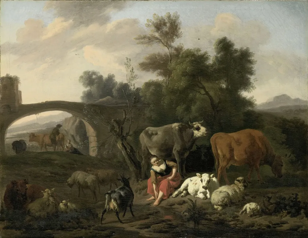 Landscape With Herdsmen And Cattle 2 Wall Art by Dirck van Bergen - High-Resolution Digital Print
