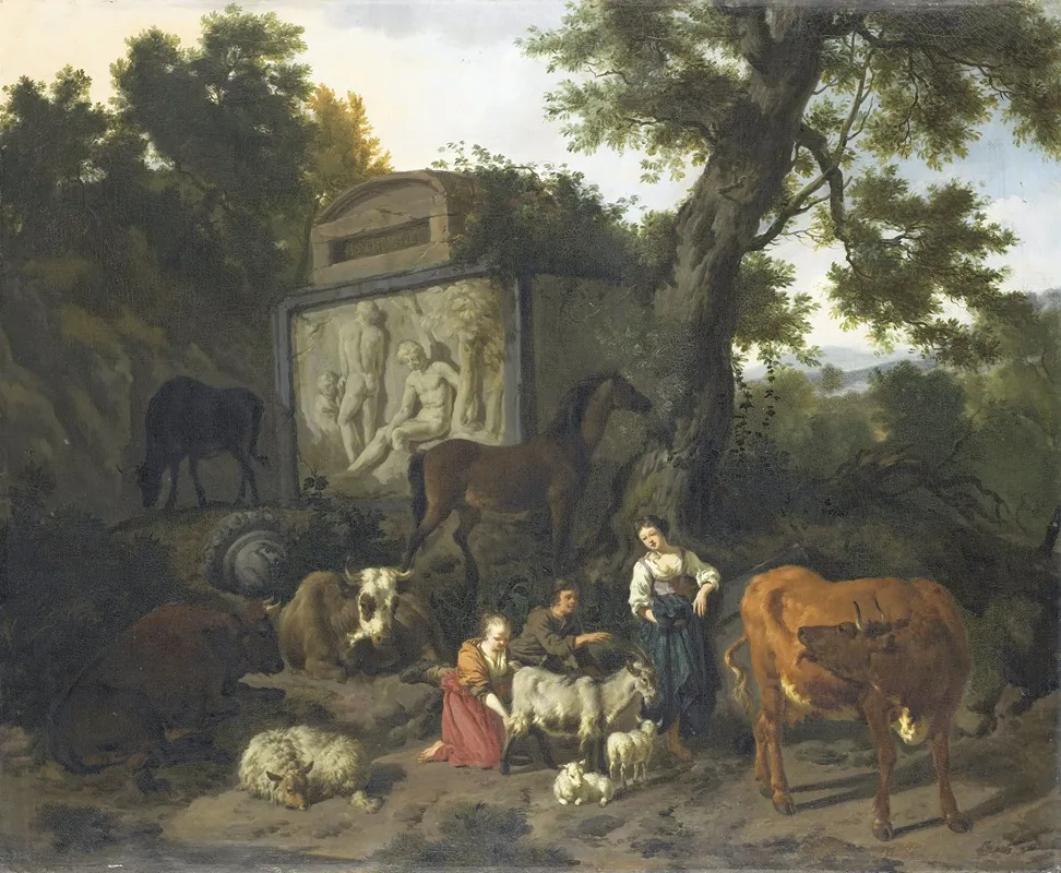 Landscape With Herdsmen And Cattle Near A Tomb Wall Art by Dirck van Bergen - High-Resolution Digital Print