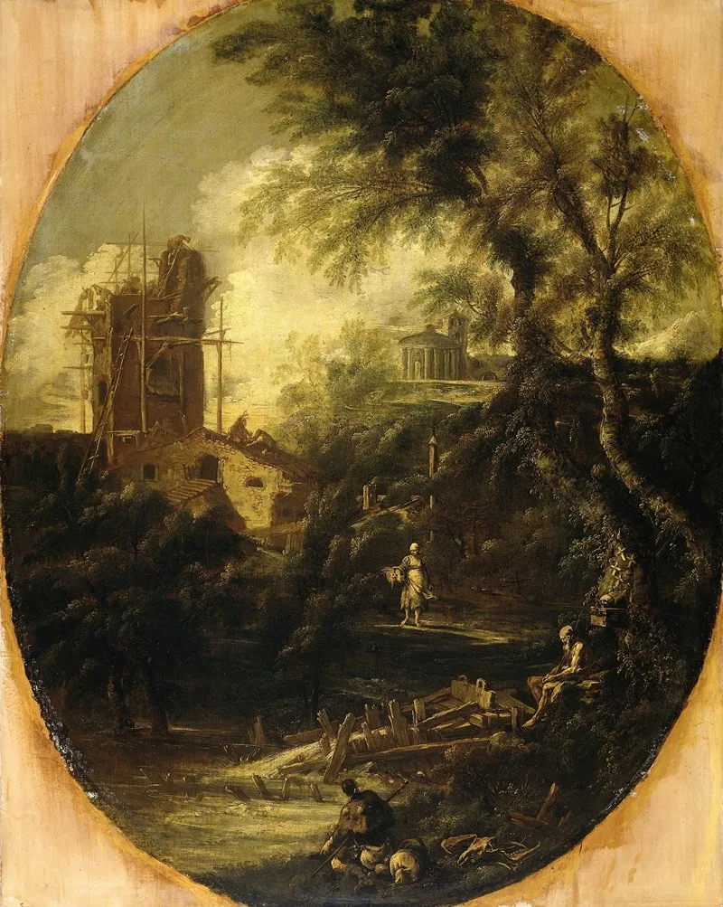 Landscape With Hermit Pilgrim And Peasant Woman Wall Art by Antonio Francesco Peruzzini - High-Resolution Digital Print