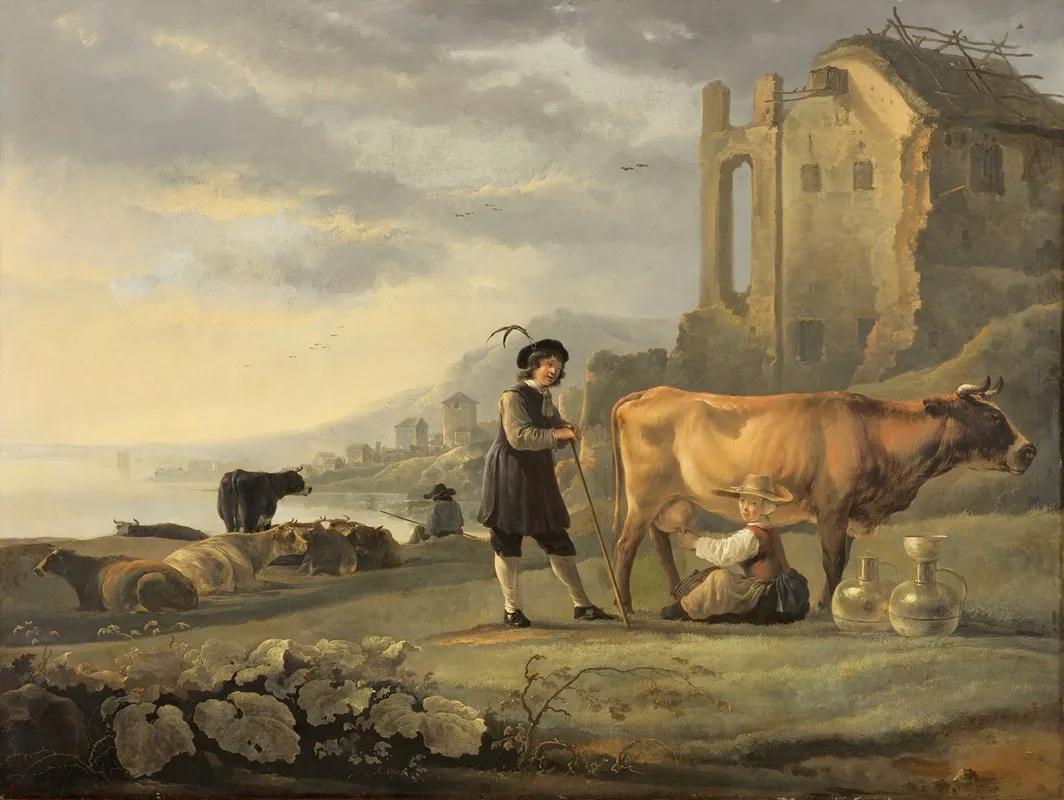 Landscape With Maid Milking A Cow Wall Art by Aelbert Cuyp - High-Resolution Digital Print