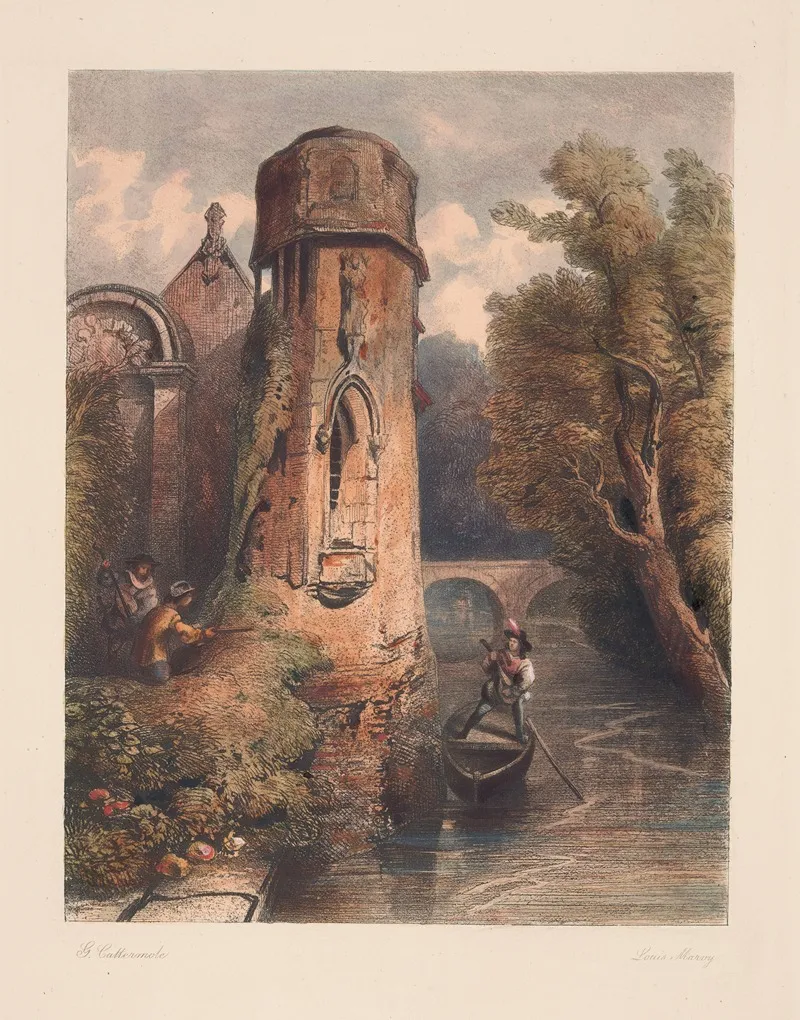Landscape With Man In Boat Playing Lute Near Moss Covered Tower George Cattermole
