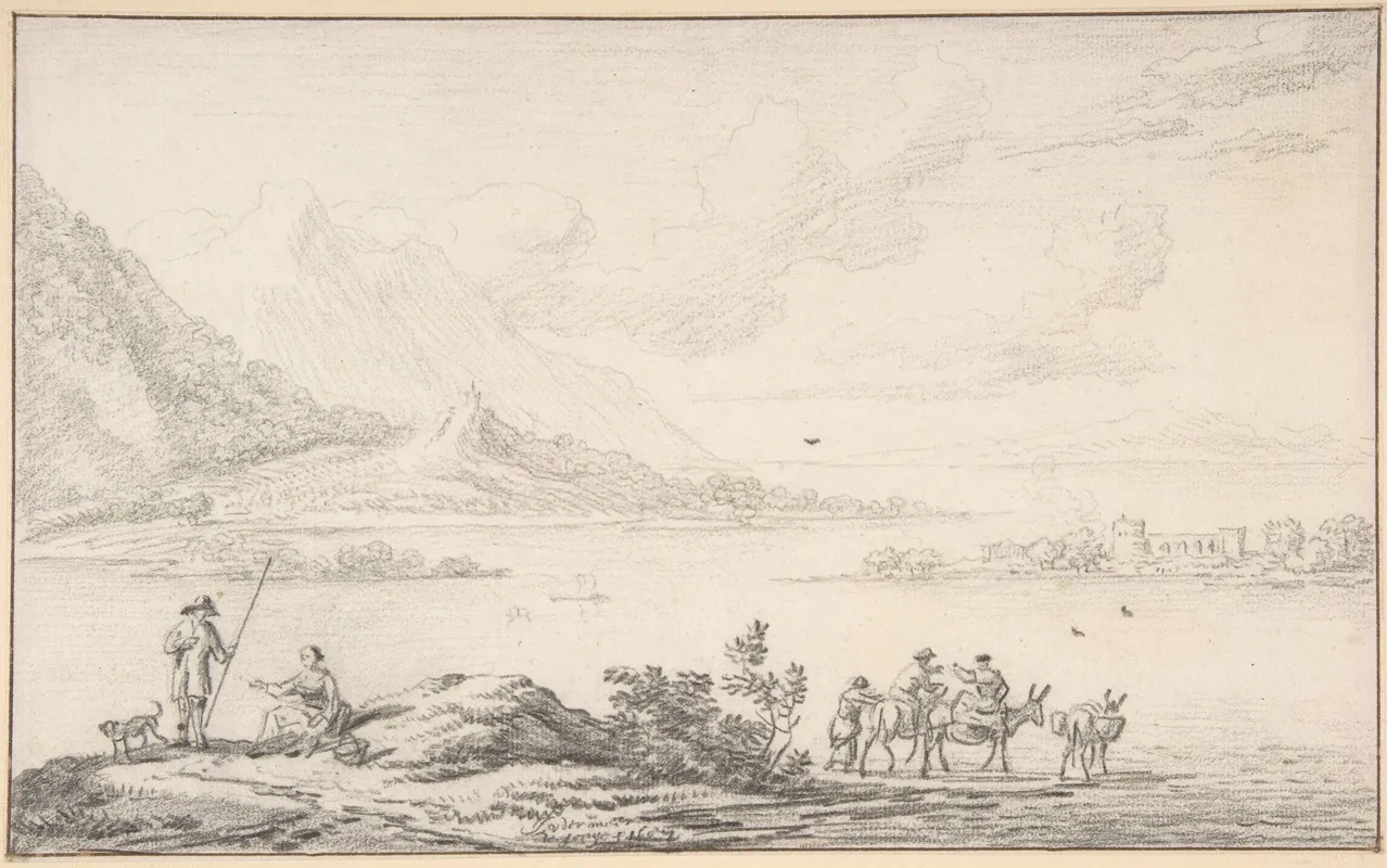 Landscape With Mountains And A Lake Figures In The Foreground Wall Art by Jan van der Meer the Younger - High-Resolution Digital Print
