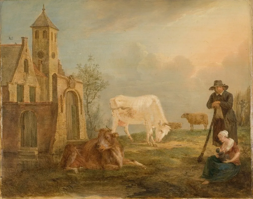 Landscape With Peasants And Cows Wall Art by Petrus Johannes van Regemorter - High-Resolution Digital Print