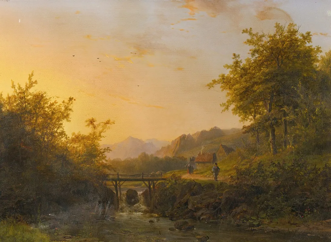 Landscape With Peasants Walking Near A River At Dusk Wall Art by Johann Bernhard Klombeck - High-Resolution Digital Print