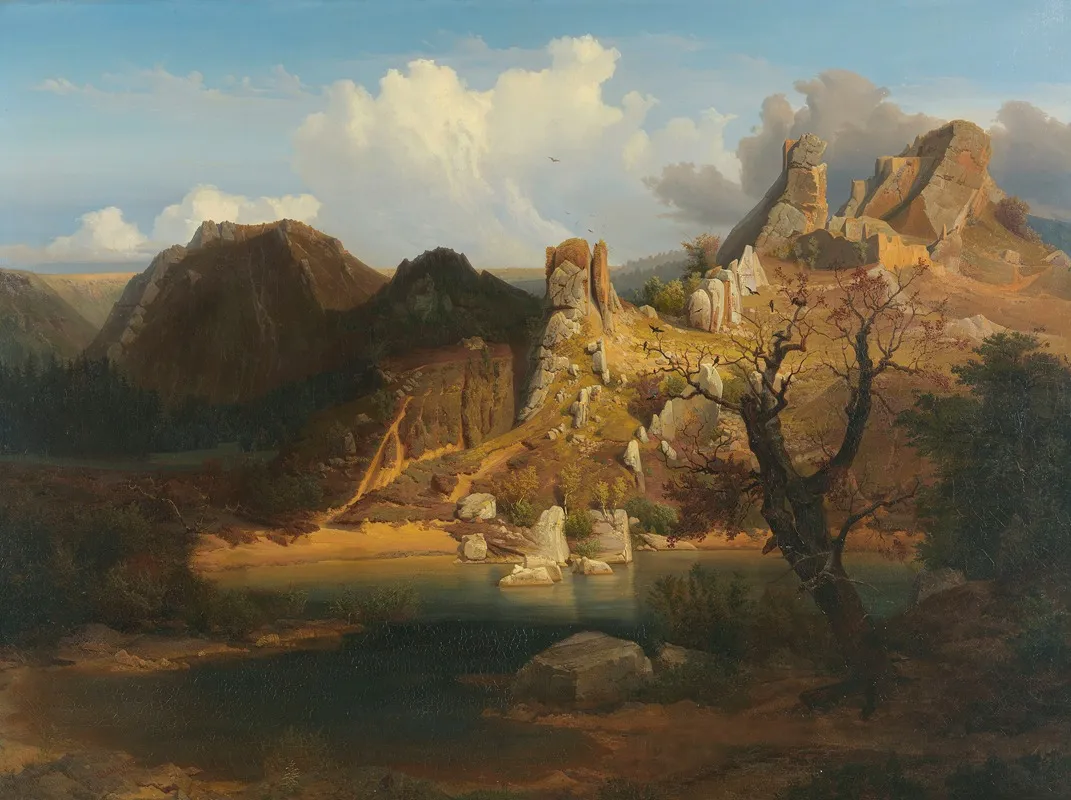 Landscape With Rugged Cliffs And Mountain Lake Wall Art by Carl Dahl - High-Resolution Digital Print