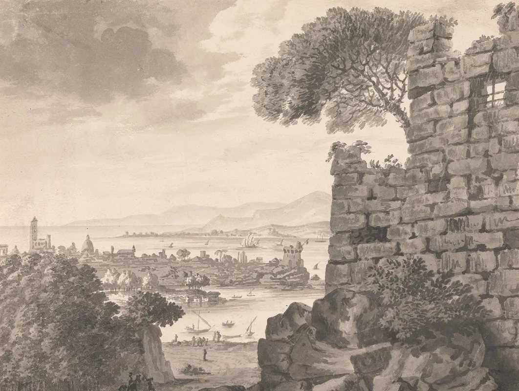 Landscape With Ruins In The Foreground Harbor And Village In Background