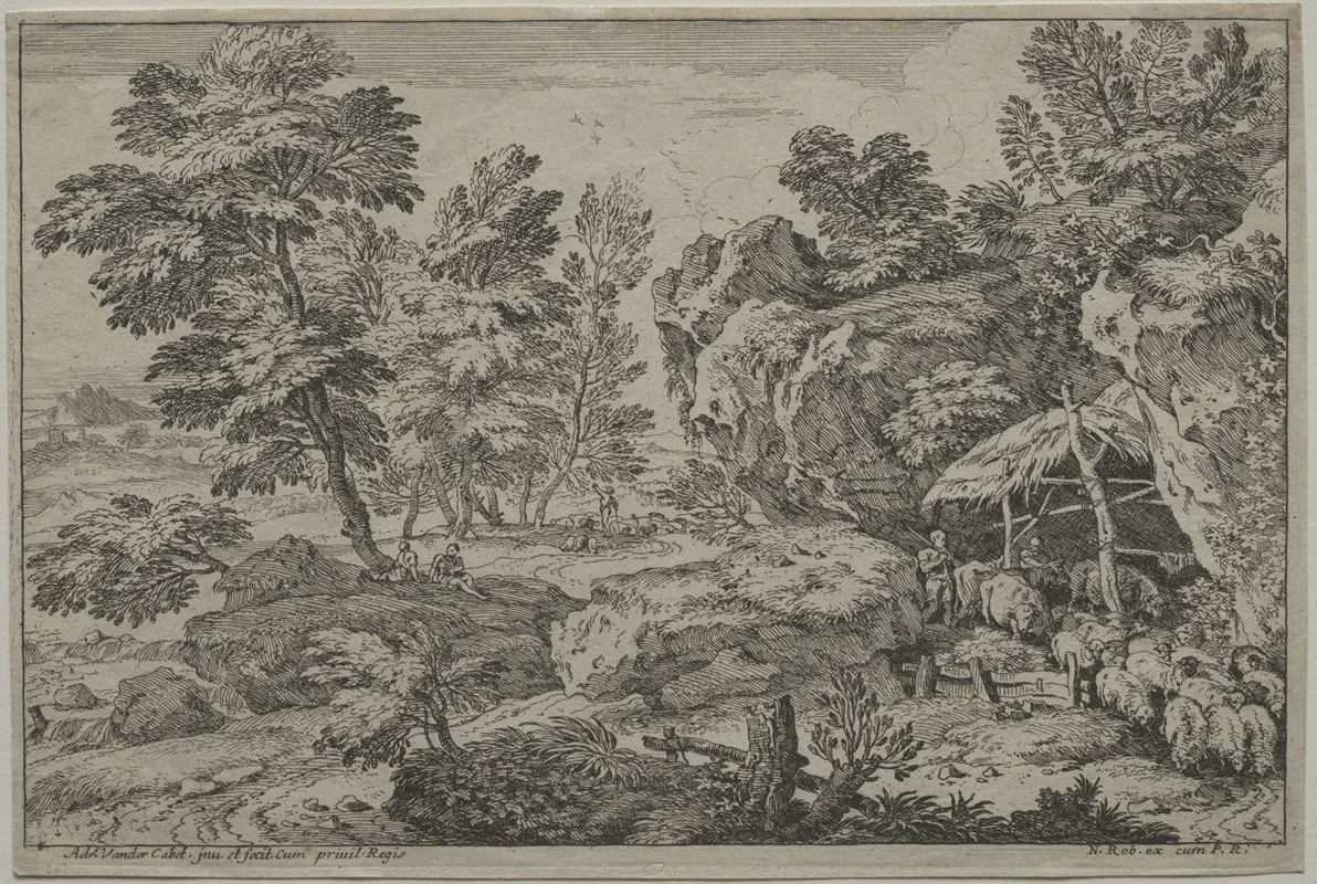 Landscape With Shepherds And Two Flocks Wall Art by Adrian van der Cabel - High-Resolution Digital Print