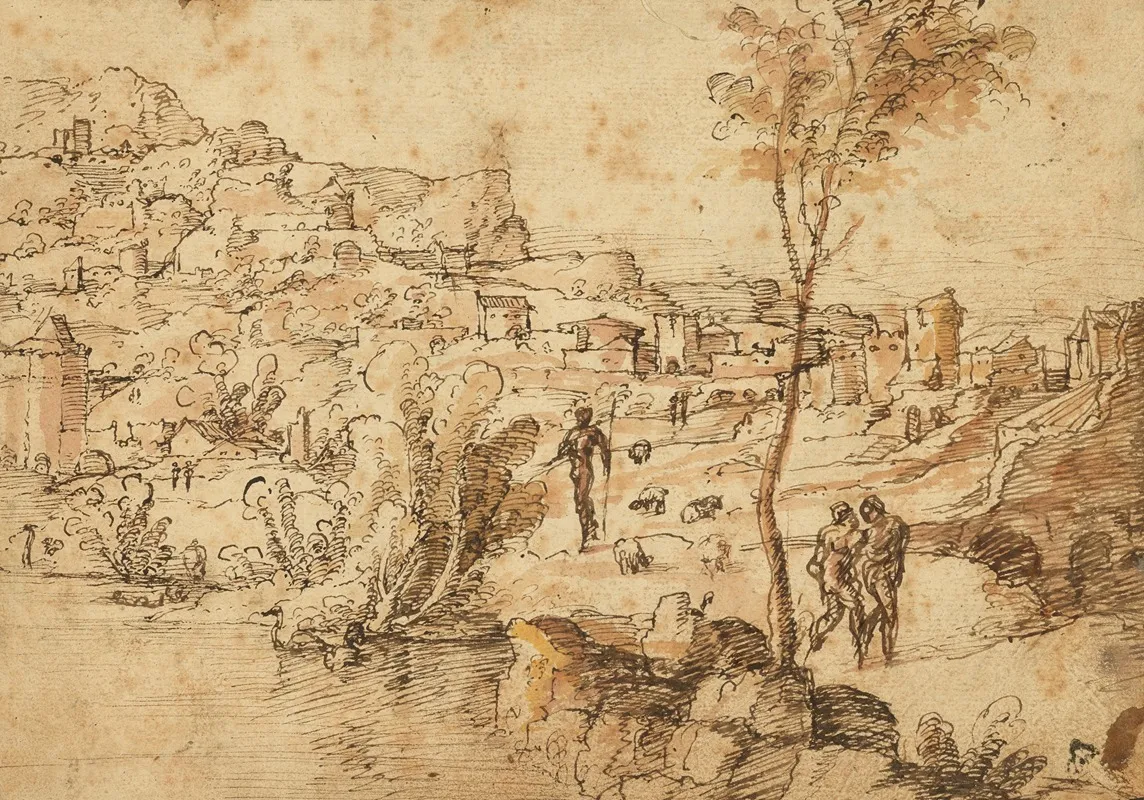 Landscape With Shepherds By A River And A Town Beyond