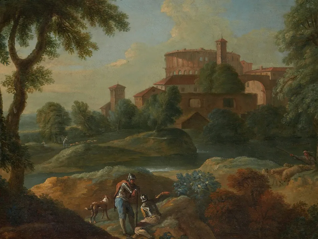 Landscape With Soldiers And Dogs Near A River A Town In The Distance