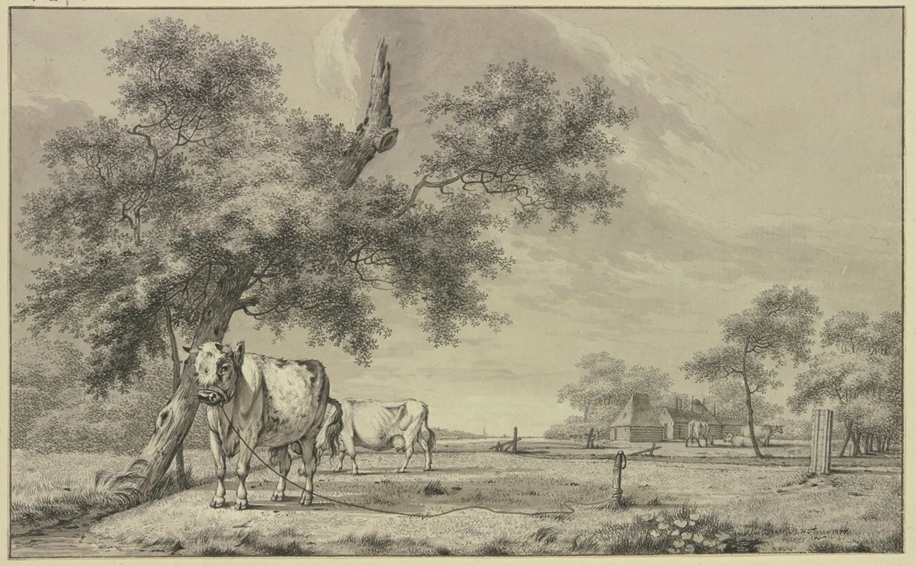 Landscape With Tethered Bull Wall Art by Bernhard Hendrik Thier - High-Resolution Digital Print
