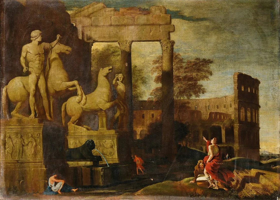 Landscape With The Dioscuri And Antic Ruins Animated With Figures Wall Art by Jean Lemaire - High-Resolution Digital Print