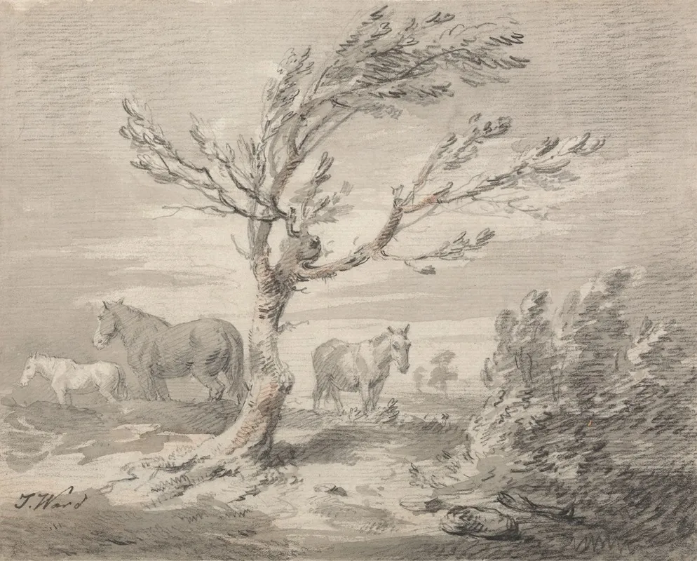 Landscape With Three Horses And A Tree In The Foreground Wall Art by James Ward - High-Resolution Digital Print