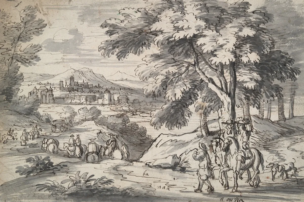 Landscape With Travelers And City In The Distance Wall Art by Manner Of Adam Frans Van Der Meulen - High-Resolution Digital Print