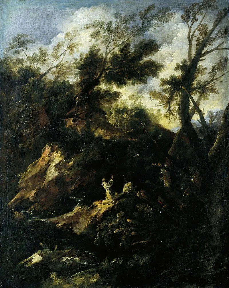 Landscape With Two Praying Monks Wall Art by Antonio Francesco Peruzzini - High-Resolution Digital Print