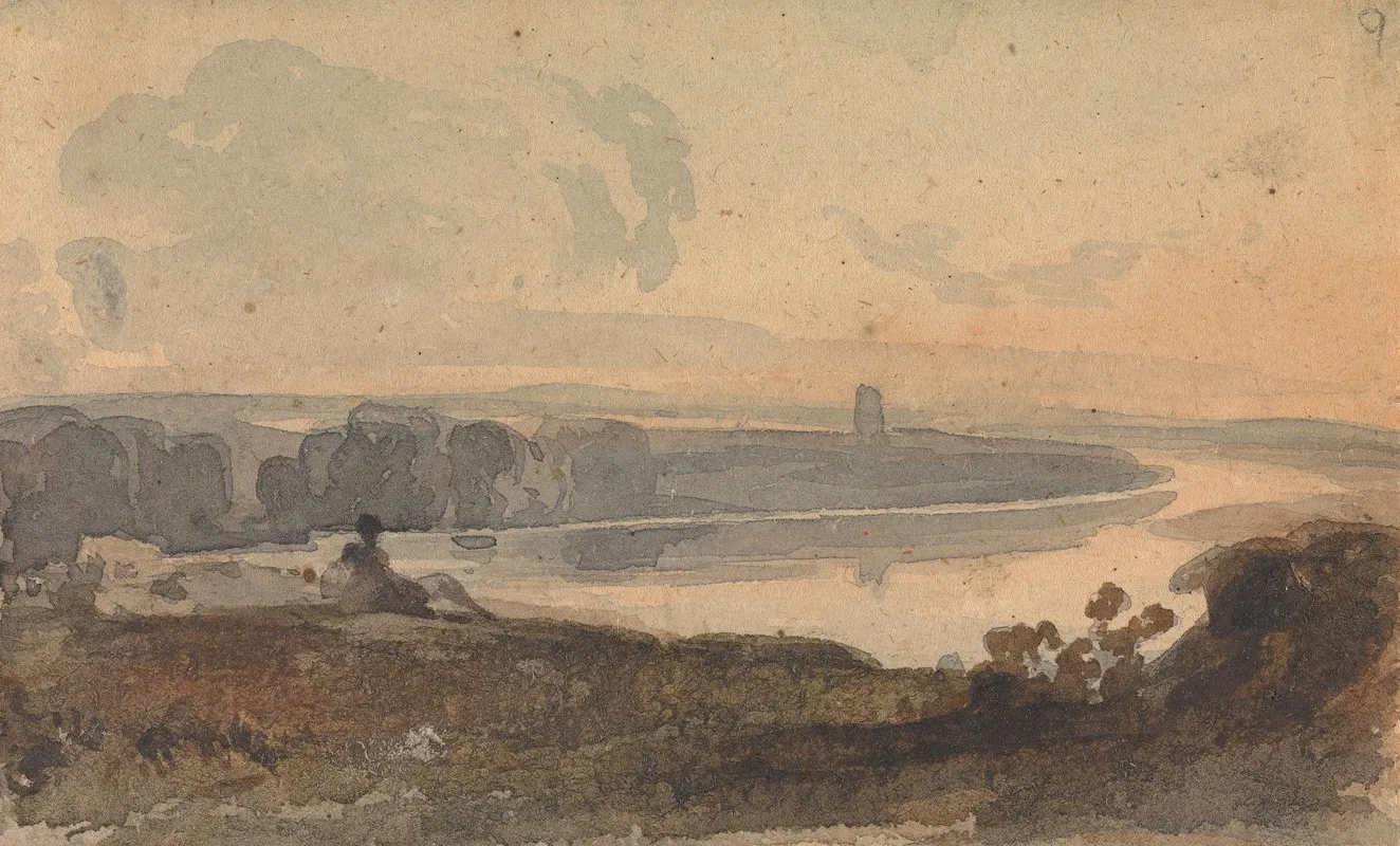Landscape With Winding River Figure On Hill In Foreground