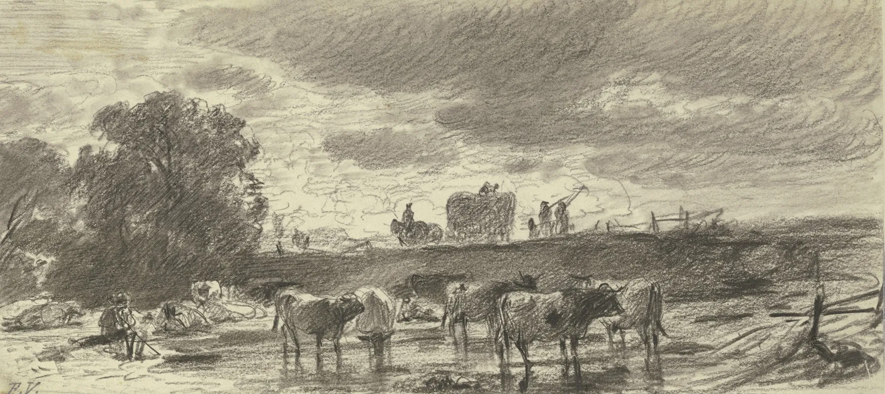 Landschaft In Gewitterstimmung Mit Einer Viehherde Im Vordergrund Und Einem Erntewagen Am Horizont Wall Art by Friedrich Voltz - High-Resolution Digital Print