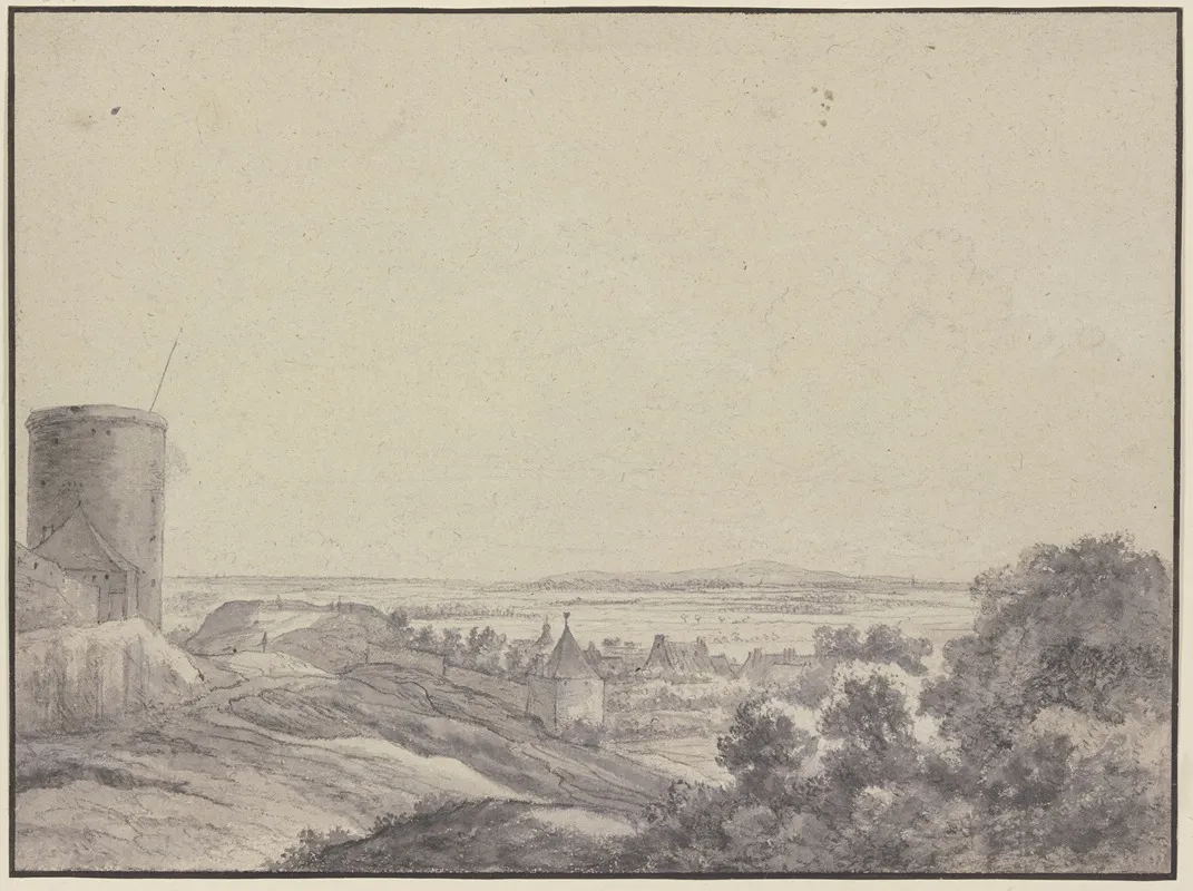 Landschaft Links Ein Turm Einige Mauern Und Hauser Rechts Gebusch Fernsicht
