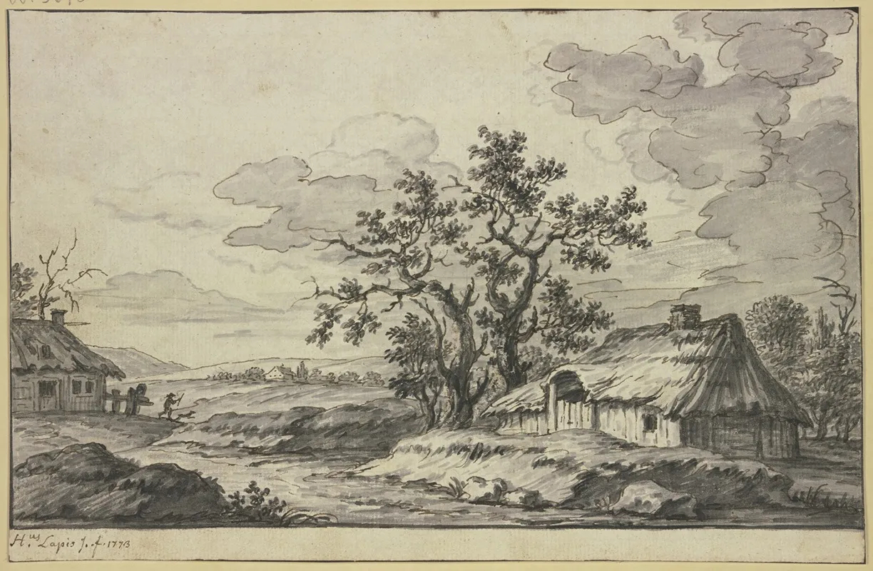 Landschaft Mit Bach Und Zwei Hutten Im Vordergrund Wall Art by Hieronymus Lapis - High-Resolution Digital Print