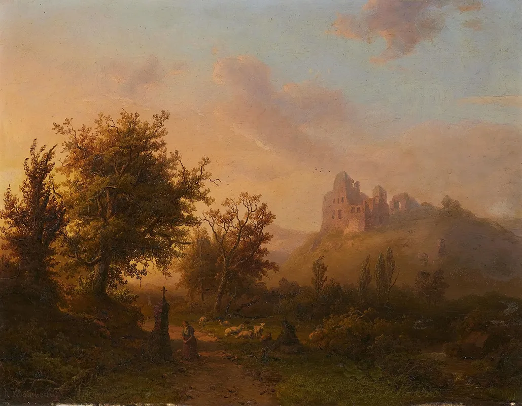 Landschaft Mit Burgruine Und Einer Hirtin Im Gebet Wall Art by Johann Bernhard Klombeck - High-Resolution Digital Print