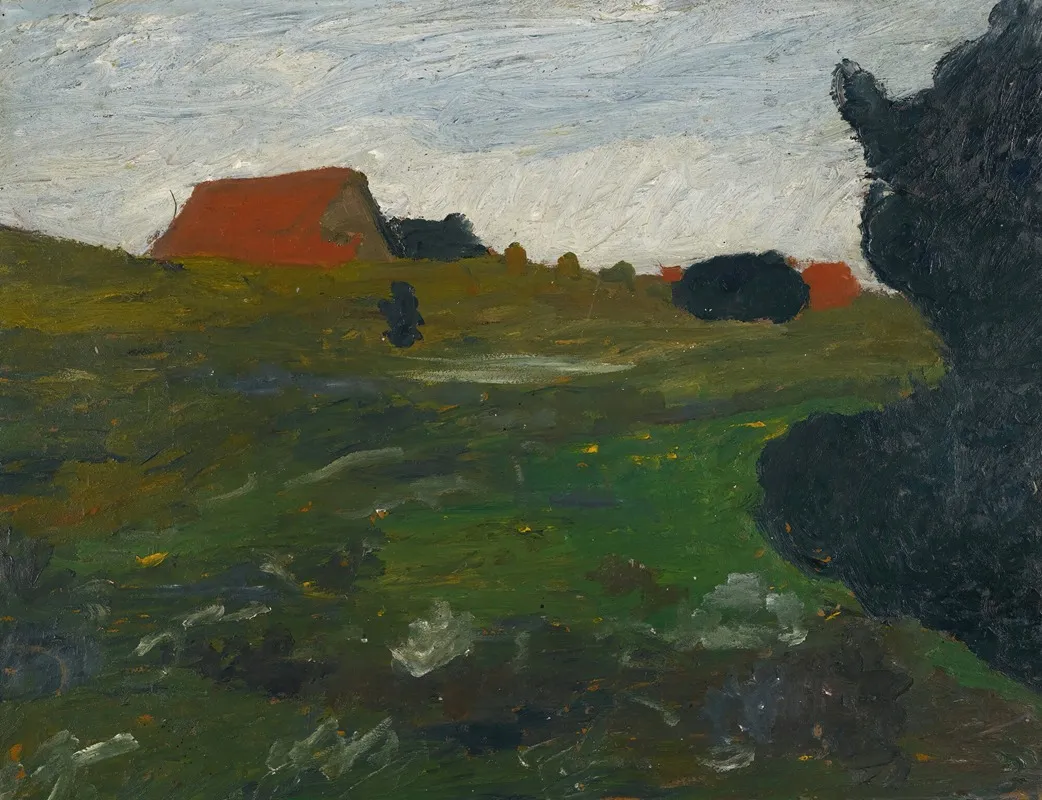 Landschaft Mit Busch Und Roten Hausern Landscape With Shrubs And Red Houses Wall Art by Paula Modersohn-Becker - High-Resolution Digital Print