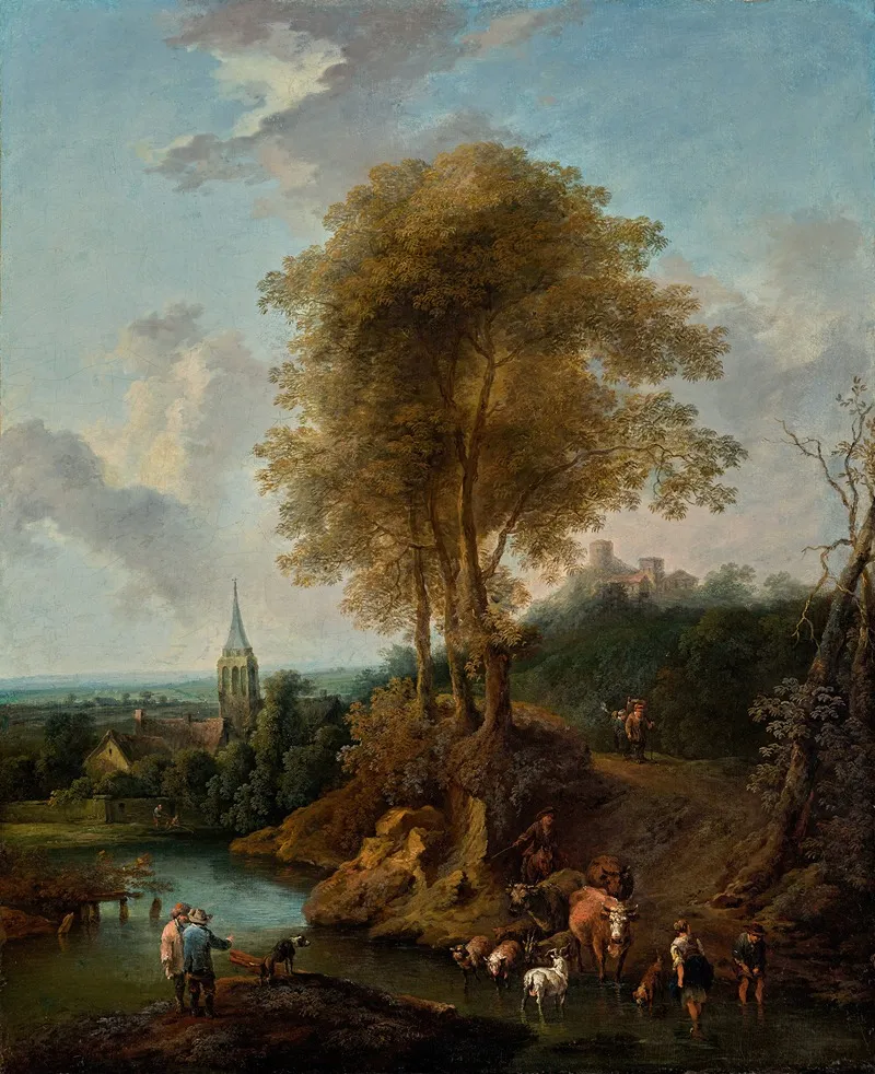 Landschaft Mit Drei Baumen Und Kirche Wall Art by Christian Hilfgott Brand - High-Resolution Digital Print